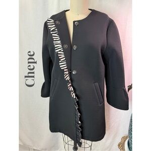 Chepe Black Ruffle Trim Button Front Coat Jacket Statement Style Size L